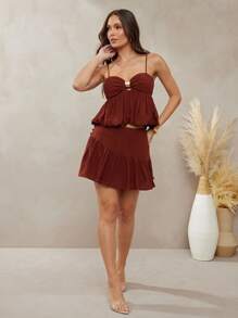 L'Amorae 休闲简约纯色蕾丝下摆半身裙，百搭 - 鏽棕色 - 查看 1