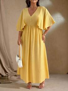 Roveilla Plus Size Women's Elegant French Romantic Vacation Flare Sleeve V-Neck Button Front A-Line Stretchy Waist Beach Maxi Dress, Spring/Summer Plus Size Yellow Maxi Dress Plus Size Yellow Dress Yellow Maxi Dress Casual Long Dress Lemon Dress Lemon Yellow Dress