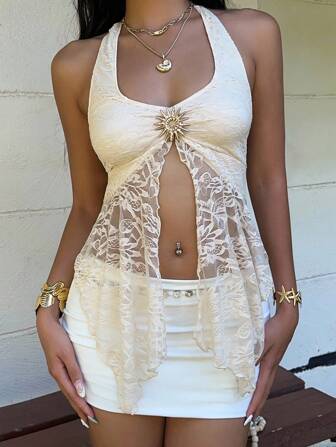 MainGRL Regata Decotada Sexy com Fenda Lateral e Decote em Alça, Decoração Rendada Metalizada na Cor Damasco para Mulheres