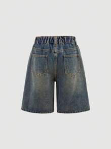 SHEIN Girlism Tween Girl Y2K Fashion Streetwear Light Blue Washed Denim Loose Baggy High Waist Bermuda Shorts Denim Baggy Long Short, Summer Concert Rave Festival , Graduation Shorts, Girls Summer Brunch , Beach Vacation Tween Girl, Country Concert , Baggy Jean Shorts, Denim Shorts, Teen Jean Shorts - Medium Wash - View 2