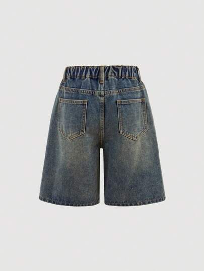 SHEIN Szorty bermudy dla nastolatek z lat 20. XX wieku w stylu streetwear w jasnoniebieskim, spranym denimie, luźne, luźne, z wysokim stanem, długie, luźne, na koncert, festiwal rave, szorty na zakończenie roku, letni brunch dla dziewczyn, wakacje na plaży, koncert country, luźne, dżinsowe, dżinsowe, młodzieżowe