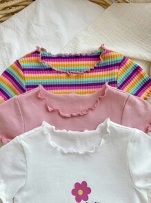 Baby Girl Casual Summer Colorful Striped & Flower Pattern Short Sleeve Top 3pcs Outfit Set - Multicolor - View 5