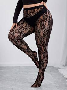 SHEIN CURVE+ Curves 加大码/学校服装/返校服装/返校大码性感弹力透明蕾丝连裤袜、紧身裤、万圣节、返校季 - 黑色 - 查看 3