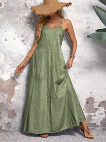 EMERY ROSE Váy denim dài không tay thường ngày đi biển mùa hè cho nữ - màu xanh lá - Xem 6