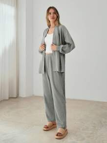 SHEIN Cottnline Cotton Drop Shoulder Belted Coat & Pants - Light Grey - View 6