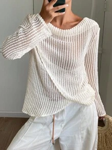 DAZY Dessus ample transparent et semi-transparent de couleur unie minimaliste et décontracté pour les vacances, avec ourlet enveloppant et détails ajourés