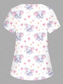 PopScrub Women's White V-Neck Short Sleeve Double Pocket Side Slit Cute Elephant Cartoon Animal Heart Balloon Print Nurse/Doctor Uniform Top/ Scrubs, Solid Color Pet Grooming Uniform Top/Dietitian Workwear Short Sleeve/Lab Coat With Multi-Pockets, Summer Ladies Top Women Scrub Tops Nurse Scrubs Nursing Scrub Tops Scrub Tops With Elephants Print Elephant Print Scrubs