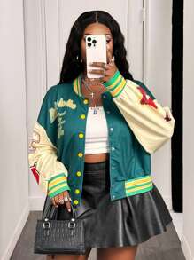 Slaydiva Spring & Autumn 2025 New Street Casual & Daily Casual & College Style Green & Beige Contrast Color Loose 24 Number & Slogan Print Long Sleeve Front Open Women Plus Size Short Jacket Winter Fall