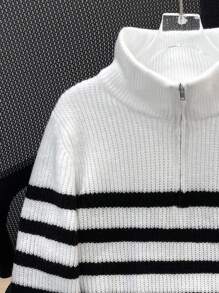 SHEIN 儿童/青少年男童休闲翻领半拉链长袖针织毛衣 - 白色 - 查看 9