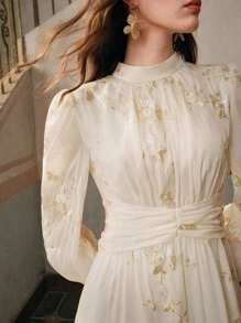 Anewsta Váy thắt eo cổ tròn thêu thanh lịch dành cho nữ, mùa thu - Màu be - Xem 2