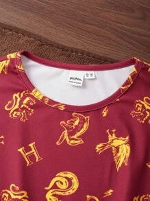HARRY POTTER X SHEIN Tween Girls Summer Snake, Eagle & House Golden Print Casual Red Short Sleeve Tie Waist Dress - Multicolor - View 8