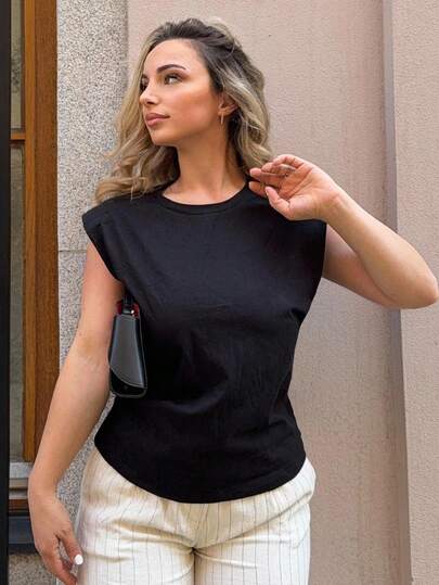 Jeta Ari Solid Round Neck Casual Shoulder Pad Tee Y2k