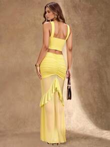 Glamine 黄色褶饰镂空性感露背连衣裙、节日派对连衣裙、约会夜服装、毕业礼服、女士长裙、EnterizosDeMujerElegantes - 黃色 - 查看 2