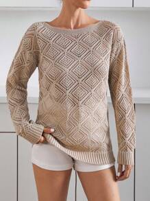 EURMUSE Women's Casual Beige Knit Top With Boat Neck And Long Sleeves, Featuring A Stylish Hollow Out Patterned Design For Everyday Wear.,Jumper,Cream Jumper,Jumpers,Black Jumper,Womens Jumper,White Jumper,Women's Jumper,Women's Jumpers,Winter Clothes - Beige - View 7