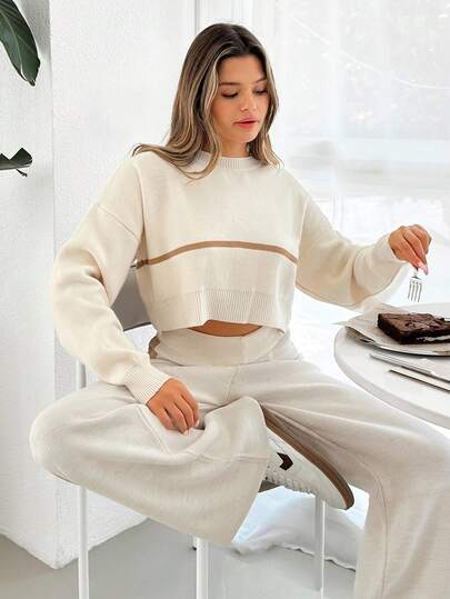 EURMUSE Color Block Knit Sweater And Trousers Set,Petite,Winter Clothes