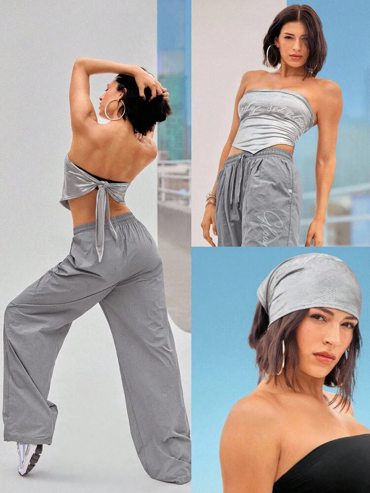 Ready To Glow High Shine Ribbed Tube Top Bandana Scarf Dancing Travel Vacation Daily Active Wear