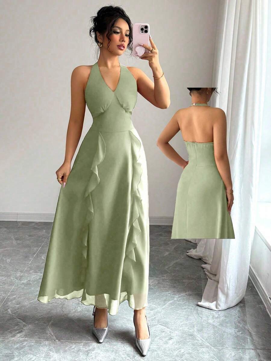 Modelyn French Elegant Solid Color V-Neck Halter Backless Waist Shaping Dress - Green - View 1