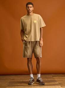 Musero 条纹弹力腰带水洗牛仔短裤，春夏假日休闲装 - 棕色 - 查看 1