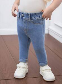 SHEIN 女婴三件套黑色和蓝色牛仔套装，秋季儿童休闲舒适服，秋冬季时尚百搭 - 彩色 - 查看 4