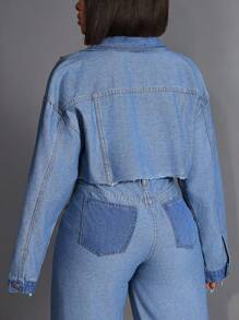 Áo khoác denim chắp vá họa tiết khối màu cỡ lớn, vai trễ, viền tua rua, mùa hè - Màu xanh lam - Xem 2