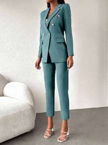 EURMUSE Women's Solid Color Double-Breasted Long Sleeve Jacket And Pants Suit Set - Mint Green - View 3