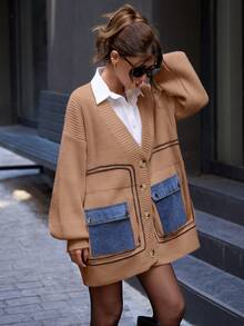 EURMUSE Knitwear Cardigan With Denim Detail Fall Winter Outwear Jacket - Beige - View 4