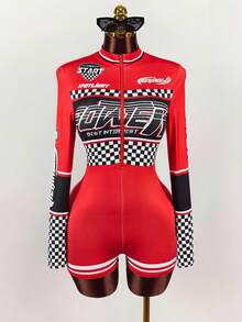 Amplova Y2k Carnival Costume Jumpsuit With Motorcycle Graphic And Stand-Up Collar - Black - View 3