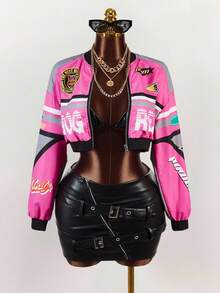 Amplova Women's Letter Printed Short Baseball  Fall Clothes Women Jacket - Multicolor - View 4