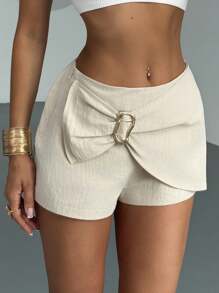 Firerie Quần short vải lanh dệt kim tre cạp thấp thanh lịch cho nữ, thích hợp mặc vào mùa hè, đi biển, đi làm/đi chơi - Màu be - Xem 4