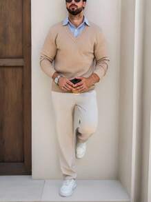 男士V领纯色长袖休闲套头毛衣，秋冬款 - 棕色 - 查看 3