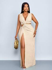 SOLERSUN 大码女装春夏纯色纹理面料腰部镂空扭纹高开衩性感长裙，海滩度假 - 杏色 - 查看 3