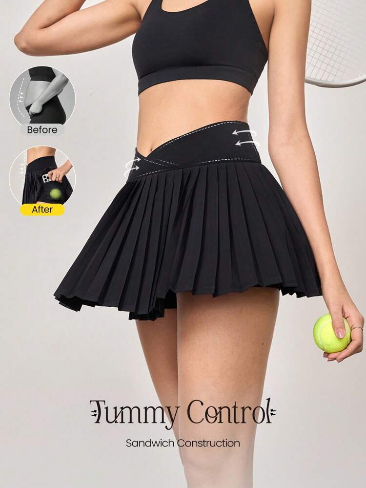 Let's Play Sweat-Wicking Stretchy Mid-Rise Crossover Waist Pleated Tennis Skirt With Built-In Shorts Side Pockets Tennis Golf Daily