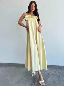 Firerie Women's New Elegant Romantic Vacation Beach Afternoon Tea Party Outfit Cream Yellow Strapless 3D Floral Decor A-Line Loose Dress, Summer Wear, Back To School, Airport Outfit, Going Out, Butter Yellow, Vacation Outfits Woman, Graduation Dress