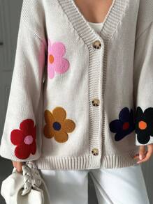 EURMUSE Women Front Button Flower Embroidery Drop Shoulder Cardigan,Long Cardigans Woman,Petite Cardigans,Cardigans - Black and White - View 5