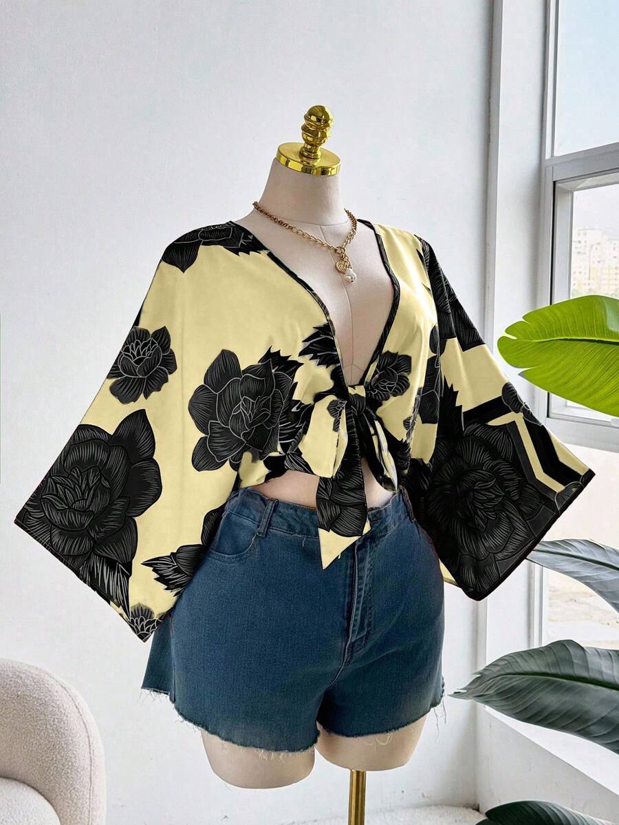 Sweetra Blusa vacacional de talla grande con estampado floral todo sobre y nudo torcido, elegante - Multicolor - Ver 1