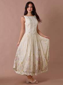 Enchnt 夏/秋浪漫女士杏色花卉印花刺绣单排扣无袖长裙 - 彩色 - 查看 3