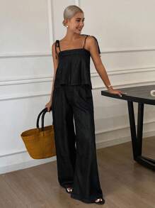 Livesso 女式夏季吊带宽松荷叶边下摆休闲牛仔连体裤 - 黑色 - 查看 5