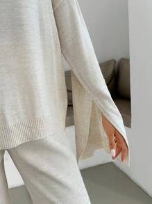 EURMUSE Women Sleeve Split Sweater And Pant Knit Set,Petite Co Ord,Co Ord,Petite,Winter Clothes - Beige - View 4