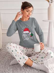 EURMUSE Ensemble de pyjama pour femmes avec chapeau de Noël confortable, Top à manches longues et pantalon imprimés de lettres - Gris pâle - Voir 1