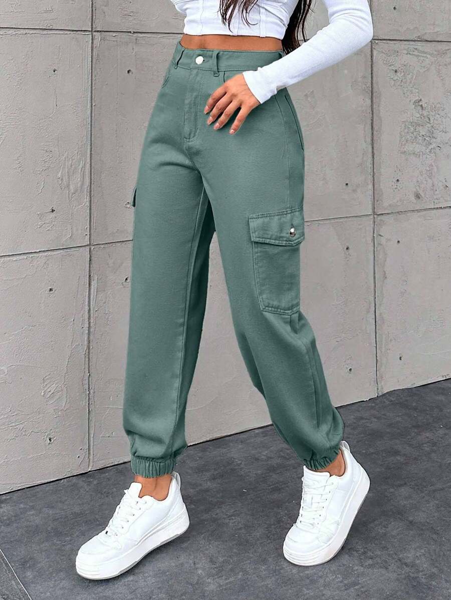 EURMUSE Women's Casual Cuffed Pocket Harem Jeans - Green - View 1
