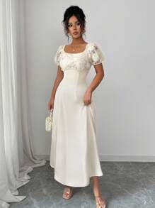 Elenzga Women's Elegant Floral Lace Textured Satin A-Line Maxi Dress, Square Neckline