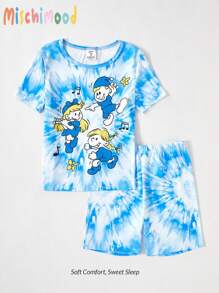 2pcs Tween GirlsCute Tie-Dye Pixie Print Casual Minimalist Short Sleeve Shorts Snug Fit Pajamas Set, Homewear - Blue - View 5