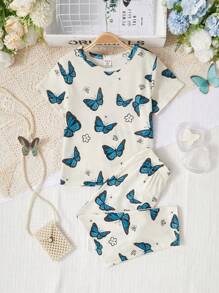 Girls' Butterfly Pattern Short-Sleeve Top + Stretchy Waistband Long Pants Children's Two Pieces Set, Suitable For Outdoor Wear. - Apricot - View 4
