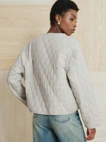 Aveloria Modichic 女士口袋装饰简约休闲圆领长袖宽松棉服外套 - 杏色 - 查看 6