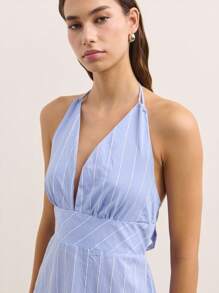 Nöista Striped Halter Maxi Dress With Plunging Neckline And Wide Waistband. Light And Breezy-Perfect For Beach Vacations, Summer Parties, Or A Stunning 4th Of July Look. - Blue - View 5
