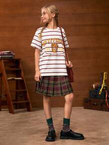 HARRY POTTER X SHEIN 青少年女孩复古运动学院休闲风格白色格兰芬多徽章条纹图案宽松 T 恤，适合夏季、学校和户外活动 - 白色 - 查看 7