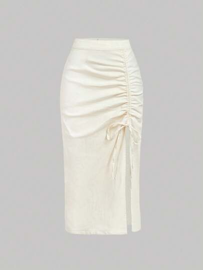 SHEIN MOD 女式休闲纯色侧抽绳开衩牛仔裙，夏季