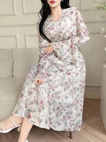 Modelyn 女式花卉印花撞色蕾丝喇叭袖优雅连衣裙 - 白色 - 查看 5