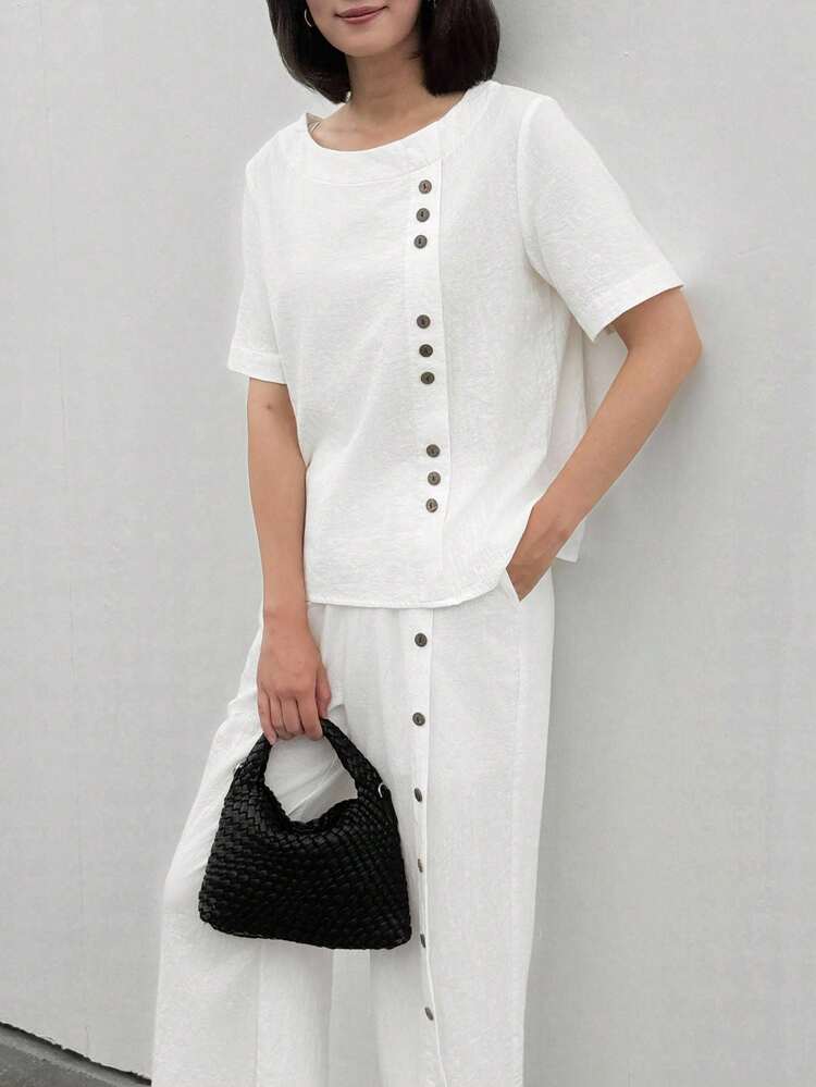 Women'S Button-Decorated Top And Pants Set
