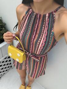 SHEIN Thiếu niên cô gái Dệt Sọc đầy màu sắc Áo liền quần Dây thắt cổ - Nhiều màu - Xem 10